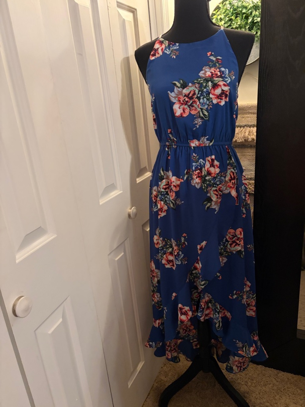 Aqua Royal Blue Floral High-Low Halter Dress